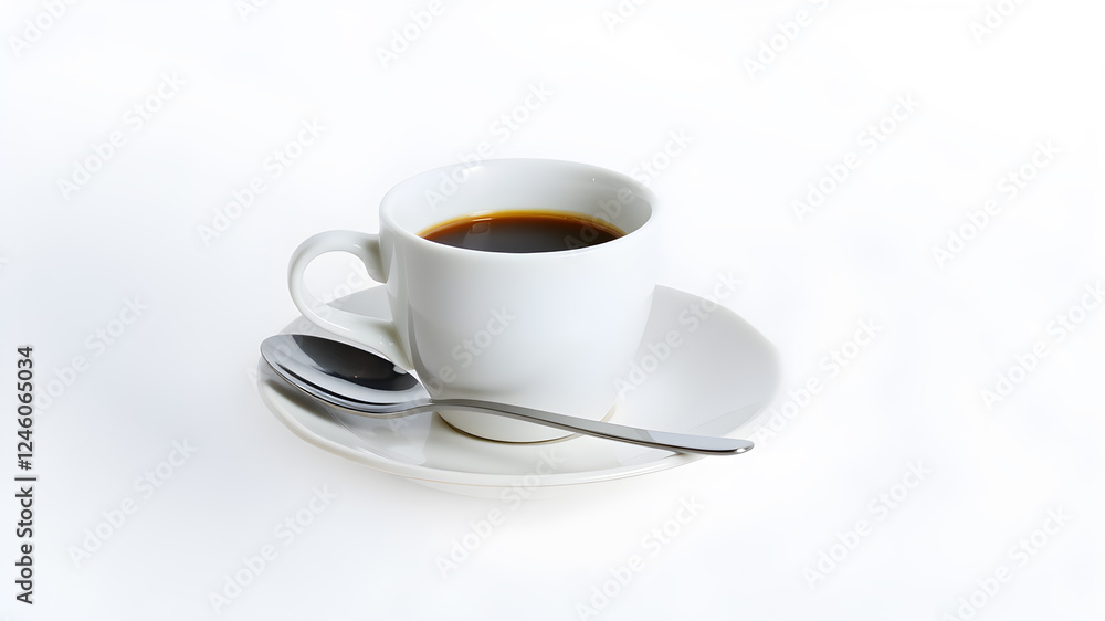 Cup of coffee, saucer and spoon in air on white background. Generative AI Cup of coffee, saucer and spoon in air on white background. Generative AI