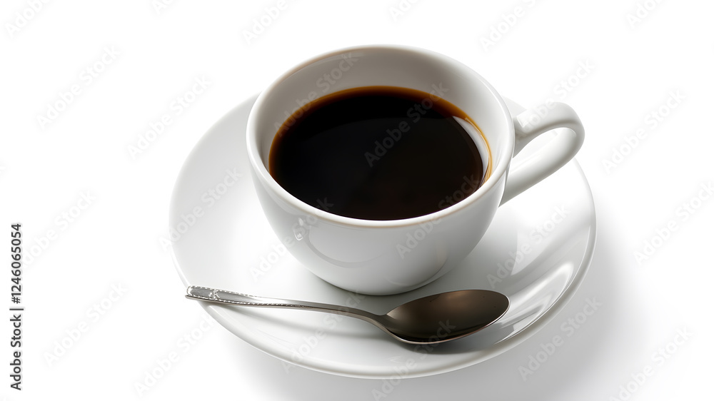 Cup of coffee, saucer and spoon in air on white background. Generative AI Cup of coffee, saucer and spoon in air on white background. Generative AI