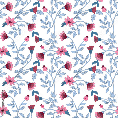 Hand-block floral decorative seamless pattern in pink and blue. Indian traditional ethnic Jaipur Bagru prints perfect for textiles, home furnishings, fashion, wallpaper, stationery, and more.