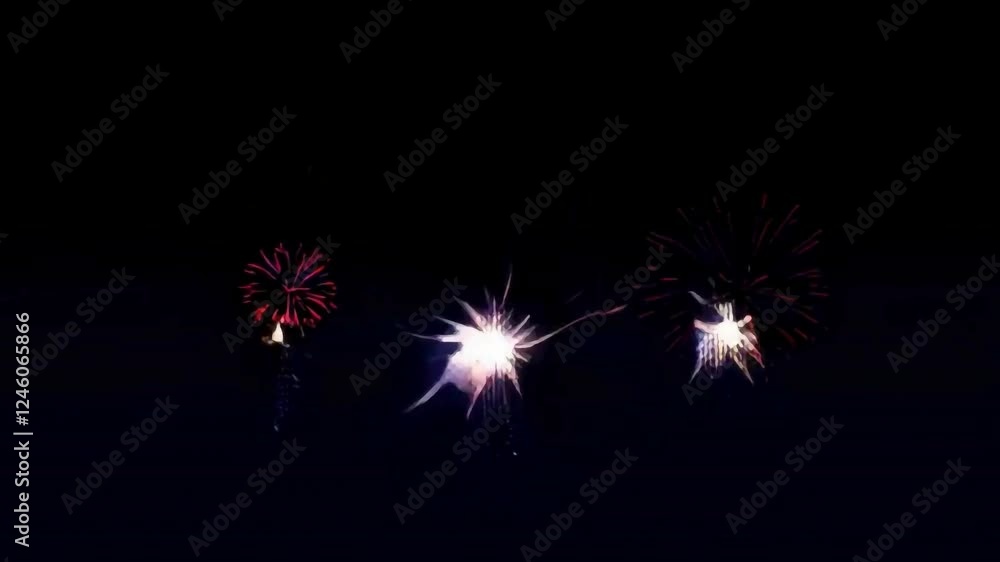 Retro pixel art-style animation of multi-colored fireworks bursting against a dark sky. Vibrant 8-bit explosions create a nostalgic, arcade-era feel with smooth looping motion Retro pixel art-style animation of multi-colored fireworks bursting against a dark sky. Vibrant 8-bit explosions create a nostalgic, arcade-era feel with smooth looping motion