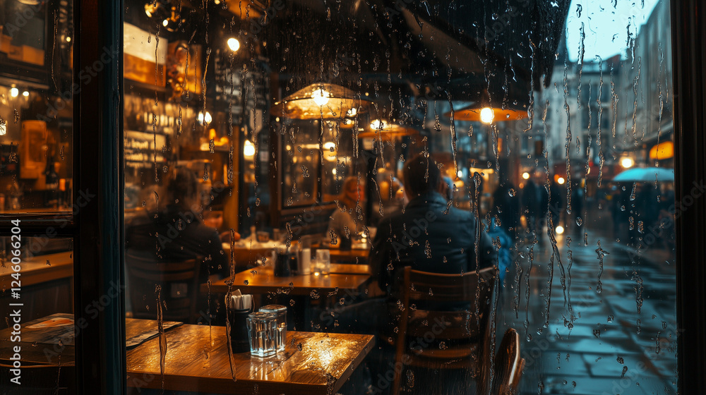 Rainy street scene viewed through a cafe window, with warm lights, blurred reflections, and a cozy atmosphere Rainy street scene viewed through a cafe window, with warm lights, blurred reflections, and a cozy atmosphere