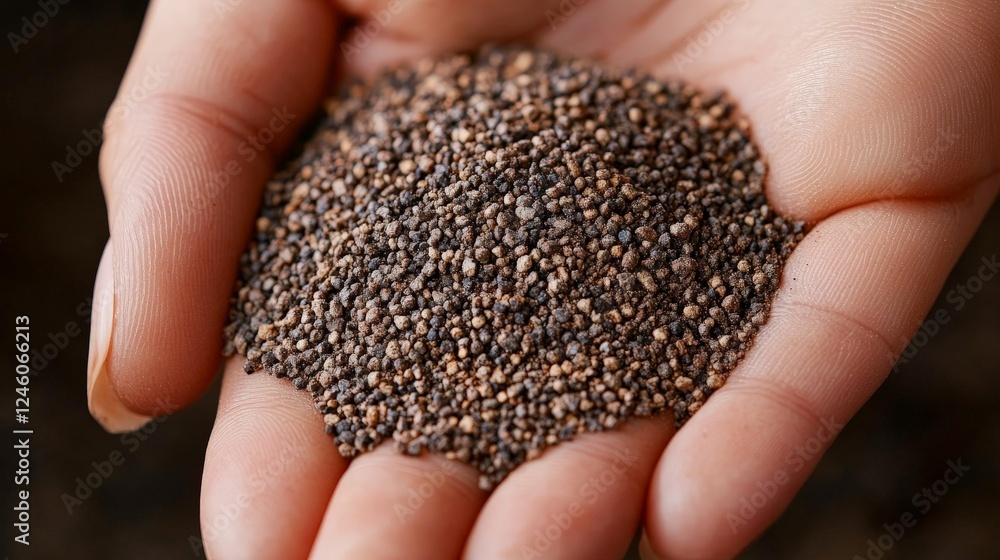 A hand holding a handful of small seeds, showcasing their texture and color. A hand holding a handful of small seeds, showcasing their texture and color.
