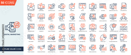Digital Marketing icon collection Outline Color Style. digital marketing, video marketing, marketing solutions, market development, career success