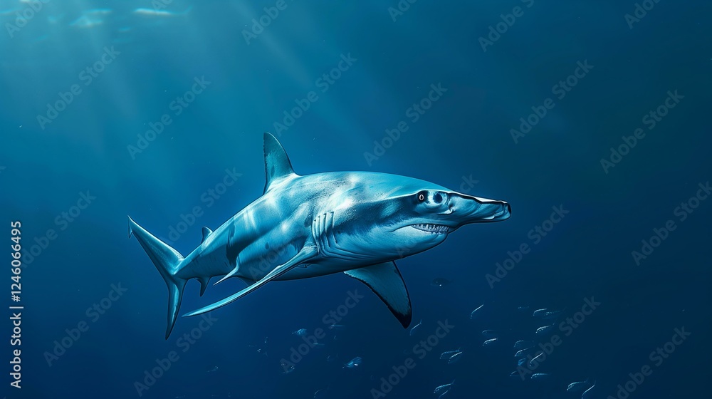 Majestic Hammerhead Shark Underwater in Deep Blue Ocean Sunlight Majestic Hammerhead Shark Underwater in Deep Blue Ocean Sunlight