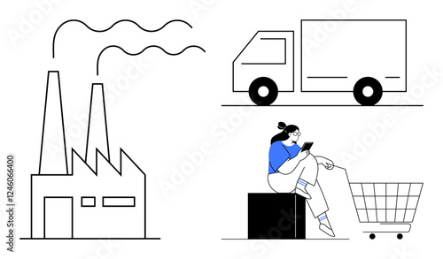 Factory emitting smoke, delivery truck, and person sitting with shopping cart and mobile device. Ideal for commerce, supply chain, distribution, manufacturing, logistics, e-commerce business