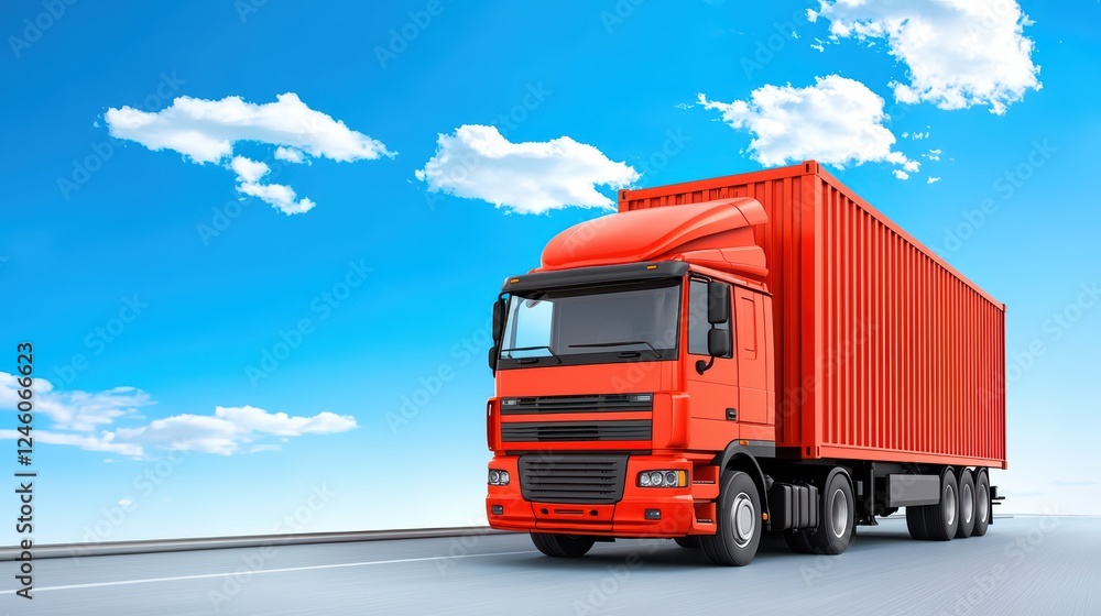 Bright Red Cargo Truck on Clear Blue Sky Highway Scene Bright Red Cargo Truck on Clear Blue Sky Highway Scene