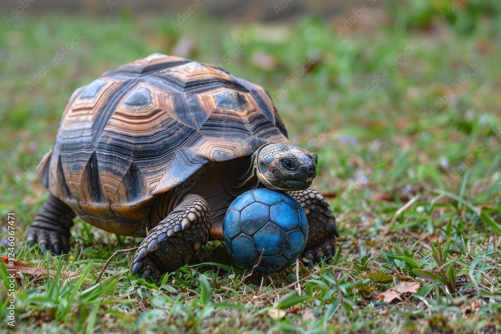 Two tortoises playing with a soccer ball on a grassy area surrounded by autumn foliage in a warm afternoon light Two tortoises playing with a soccer ball on a grassy area surrounded by autumn foliage in a warm afternoon light