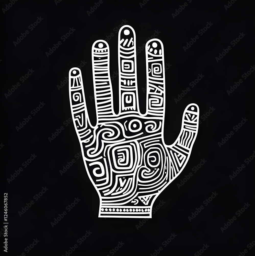 Fototapeta premium Ancient Hispanic petroglyph of a hand. Flat, 2D vector design. Minimalist yet bold, strong and simple geometric lines, historical engraving style.