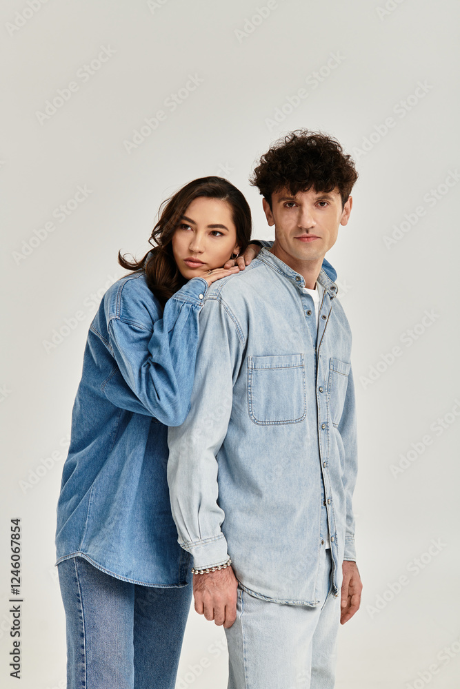 Stylish young couple showcasing trendy denim fashion against a minimalist background Stylish young couple showcasing trendy denim fashion against a minimalist background