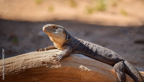 Striking Uromastyx Lizard, or Dabb Lizard, Basking in the Desert Sun at a Wildlife Nature Reserve in Abu Dhabi Vibrant Sand and Rocks in a Mesmerizing Arabian Landscape photo