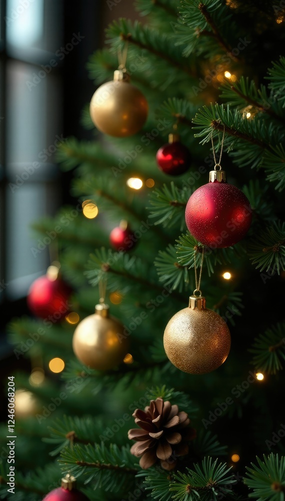 Golden and red ornaments hang from the branches of a majestic fir tree, tree, ornaments, hanging Golden and red ornaments hang from the branches of a majestic fir tree, tree, ornaments, hanging