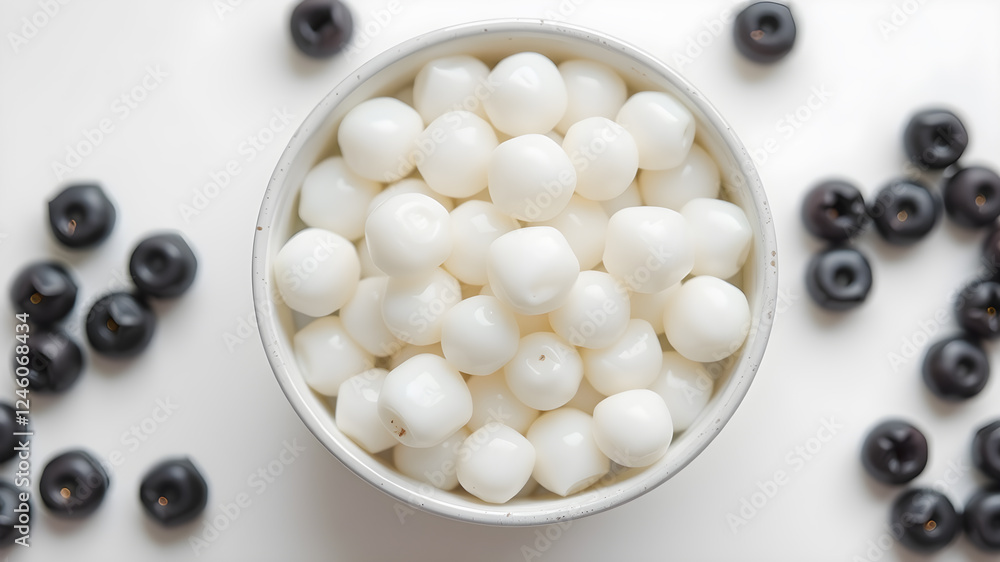 Tapioca pearls in bowl isolated on white, top view. Generative AI Tapioca pearls in bowl isolated on white, top view. Generative AI