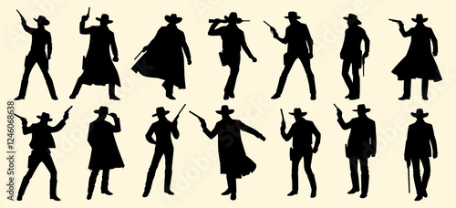 A collection of cowboy silhouettes in various action poses, wielding guns and exuding a Western vibe.