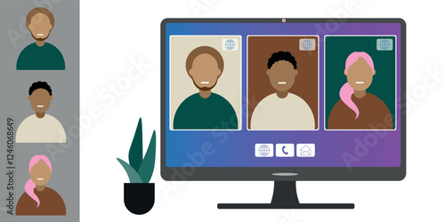 Video call conference, working from home. Colleagues of different nationalities and ages talk to each other on computer screen. Isolated illustration on white background in flat style trendy colors