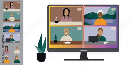 Video call conference, working from home. Colleagues of different nationalities and ages talk to each other on computer screen. Isolated illustration on white background in flat style trendy colors