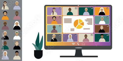 Video call conference, working from home. Colleagues of different nationalities and ages talk to each other on computer screen. Isolated illustration on white background in flat style trendy colors