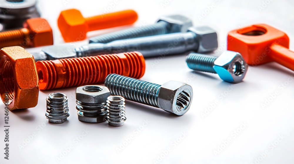 Assorted metallic fasteners and tools arranged on a clean surface, showcasing their textures and colors Assorted metallic fasteners and tools arranged on a clean surface, showcasing their textures and colors