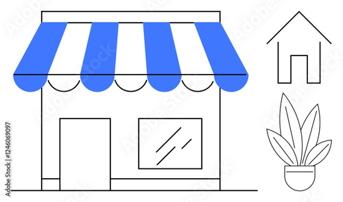 Small shopfront featuring blue-striped awning, single window, and door. Adjacent are a house outline and a potted plant. Ideal for retail business, home decor, gardening, neighborhood, community