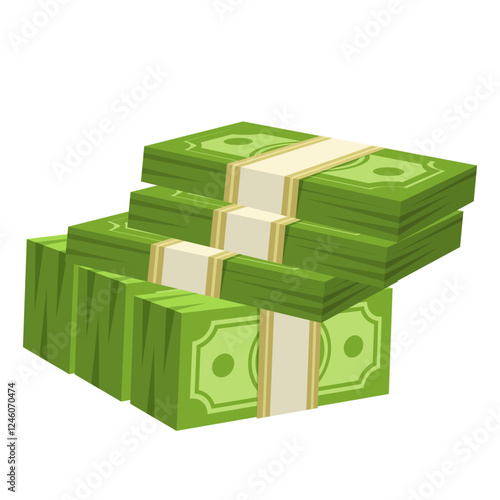 Stacks of green money bundles with beige straps on a white background. Concept of wealth, savings, and financial success. Vector illustration