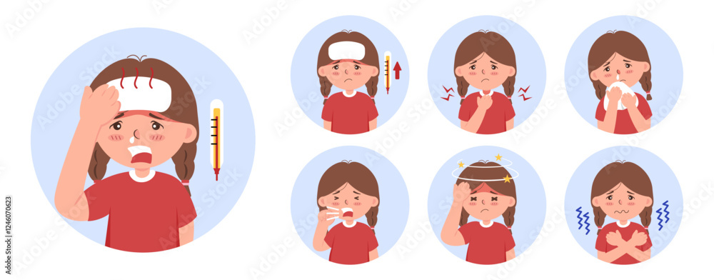 Vector set of illness symptoms includes fever, sore throat, runny nose, cough, headache, and chills, Flat isolated illustrations on a white background for medical and wellness content. Vector set of illness symptoms includes fever, sore throat, runny nose, cough, headache, and chills, Flat isolated illustrations on a white background for medical and wellness content.
