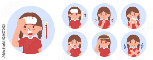 Vector set of illness symptoms includes fever, sore throat, runny nose, cough, headache, and chills, Flat isolated illustrations on a white background for medical and wellness content.