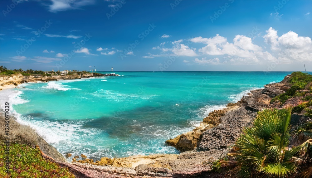 Stunning Coastal Cliffs of Xcaret at Dusk, Showcasing Vibrant Oranges and Blues as the Sun Sets over the Caribbean Sea, With Lush Greenery and Ancient Ruins in the Foreground. Stunning Coastal Cliffs of Xcaret at Dusk, Showcasing Vibrant Oranges and Blues as the Sun Sets over the Caribbean Sea, With Lush Greenery and Ancient Ruins in the Foreground.