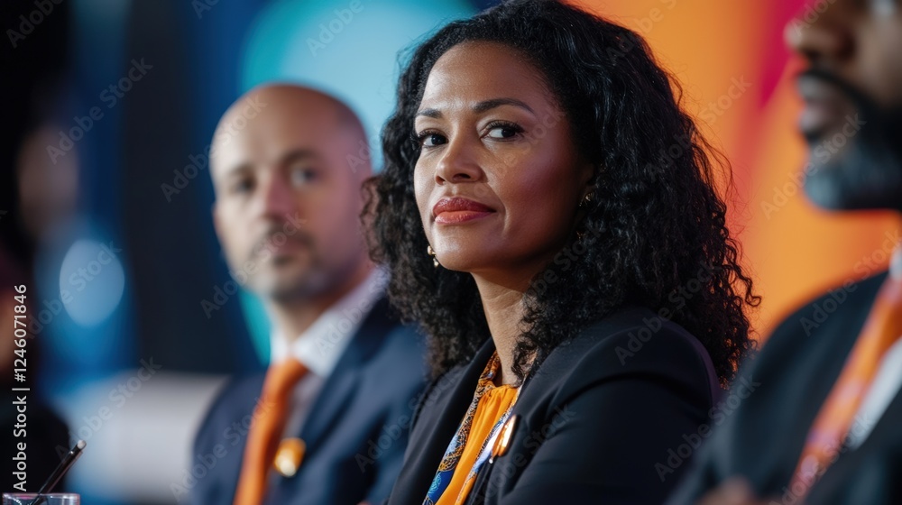 A group of executives participating in a multicultural panel discussion at a global business summit A group of executives participating in a multicultural panel discussion at a global business summit