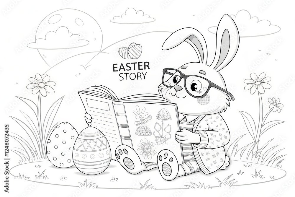 Easter Theme, Easter bunny reading a storybook surrounded by eggs and flowers. outline for coloring. Easter Theme, Easter bunny reading a storybook surrounded by eggs and flowers. outline for coloring.