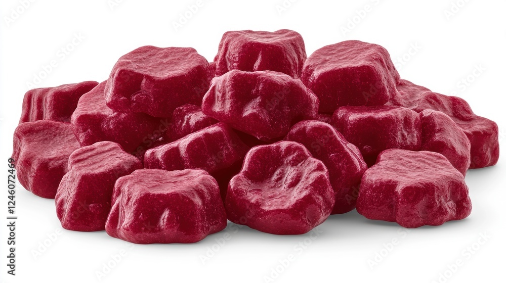 Bright Red Gummies in Various Shapes Piled on White Background Bright Red Gummies in Various Shapes Piled on White Background