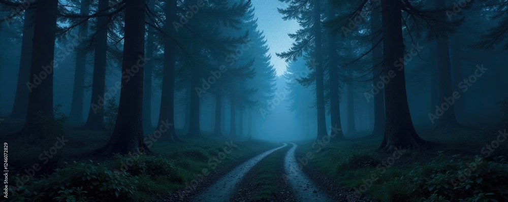 Fototapeta premium Path unwinds through darkness of misty woods under starry sky, misty forest, stars, fog