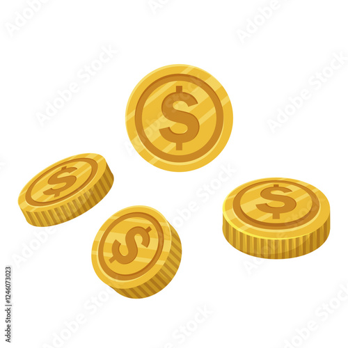 Shiny golden coins with dollar signs, isolated on a clean white background. Concept of wealth, currency, and financial success. Vector illustration