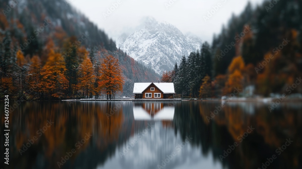 Obraz premium Autumnal lake house, snow-capped mountains, tranquil scene