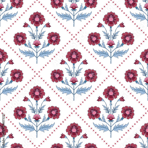 Indian ethnic hand block floral seamless pattern. Repeat design for textile, home furnishing, fashion, wallpaper, stationary etc. 