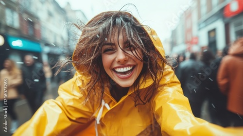 A joyful woman in a bright yellow raincoat smiles exuberantly as she enjoys a rainy day in the city, showcasing her carefree spirit and vibrant personality against a bustling backdrop. photo