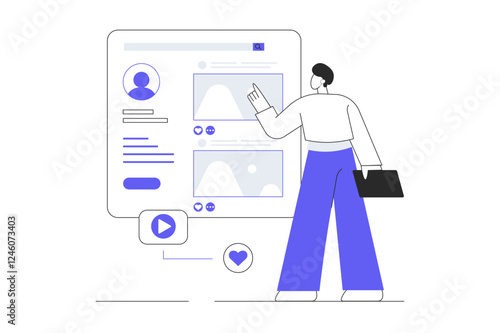 Influencer posts new photos to online blog, creates content, collects likes and hearts. Social media content marketing. Flat Cartoon Vector Illustration, icon. Stylish abstract 