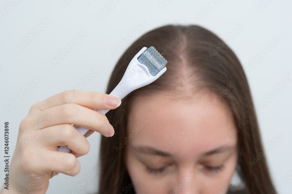 Close up view, young woman using microneedling derma roller on head for stimulating new hair growth with copy space. Alopecia treatment, scalp stimulation, hair loss and baldness targeted therapy. Close up view, young woman using microneedling derma roller on head for stimulating new hair growth with copy space. Alopecia treatment, scalp stimulation, hair loss and baldness targeted therapy.
