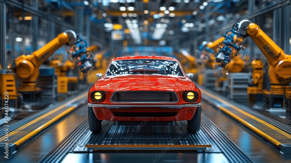 Iconic red classic car being assembled in a high-tech manufacturing facility with robotic arms Iconic red classic car being assembled in a high-tech manufacturing facility with robotic arms