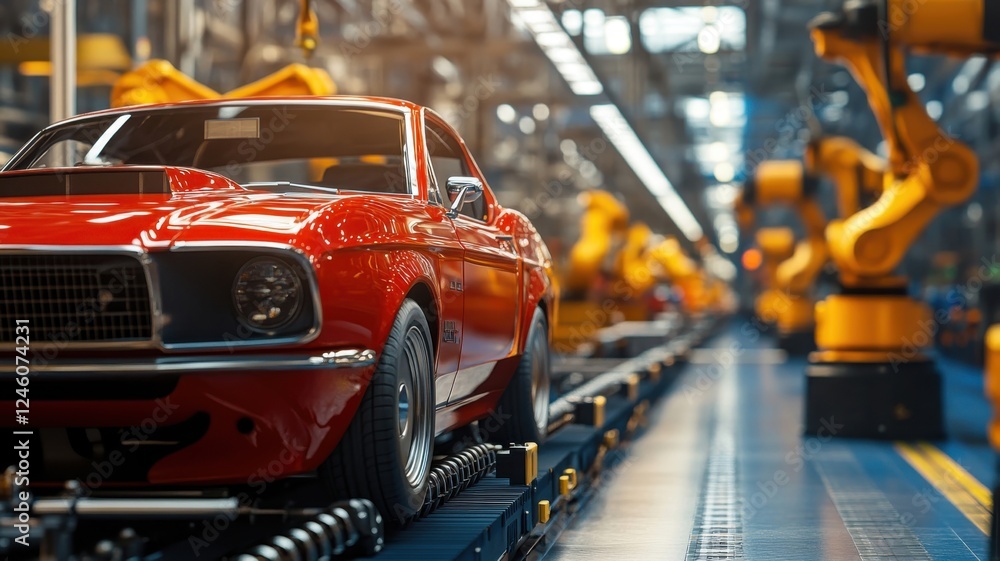 Classic red muscle car assembling in an advanced automotive factory with robotic arms working efficiently Classic red muscle car assembling in an advanced automotive factory with robotic arms working efficiently