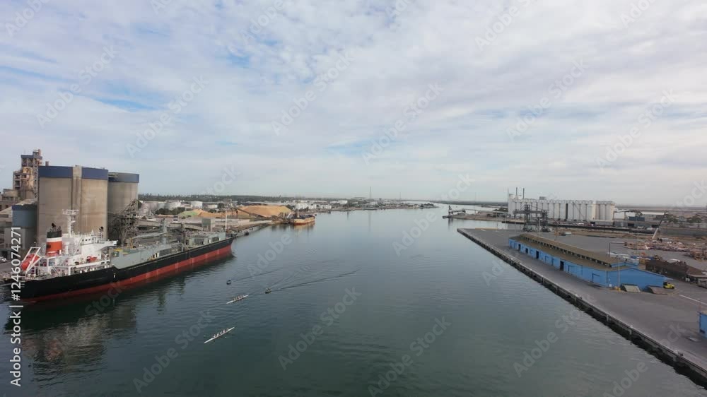 drone flight over port adelaide dockyard withe ships ready to be unloaded and some rowers on the river drone flight over port adelaide dockyard withe ships ready to be unloaded and some rowers on the river
