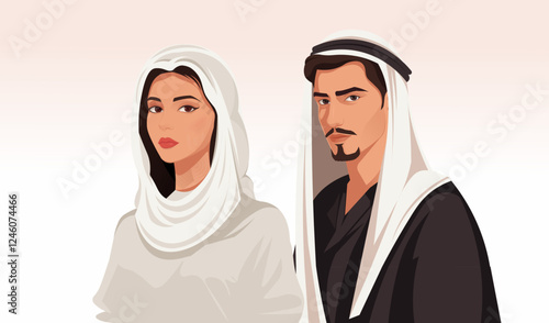 Illustration of a man and woman in traditional Middle Eastern clothing on a soft gradient background, concept of culture and tradition. Vector illustration.