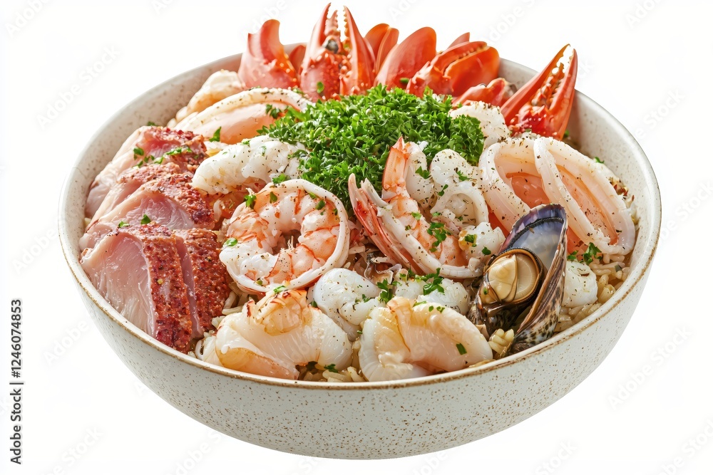 Seafood Extravaganza in a Bowl Fresh Lobster Shrimp and Fish with Herbs on White Background Seafood Extravaganza in a Bowl Fresh Lobster Shrimp and Fish with Herbs on White Background