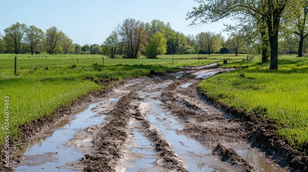 Fototapeta premium Muddy Country Road Through Lush Fields