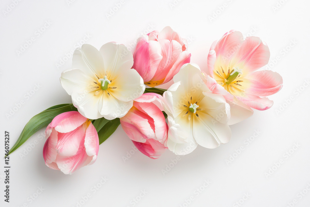 A beautiful arrangement of pink and white tulips on a clean background. isolated on white background. A beautiful arrangement of pink and white tulips on a clean background. isolated on white background.