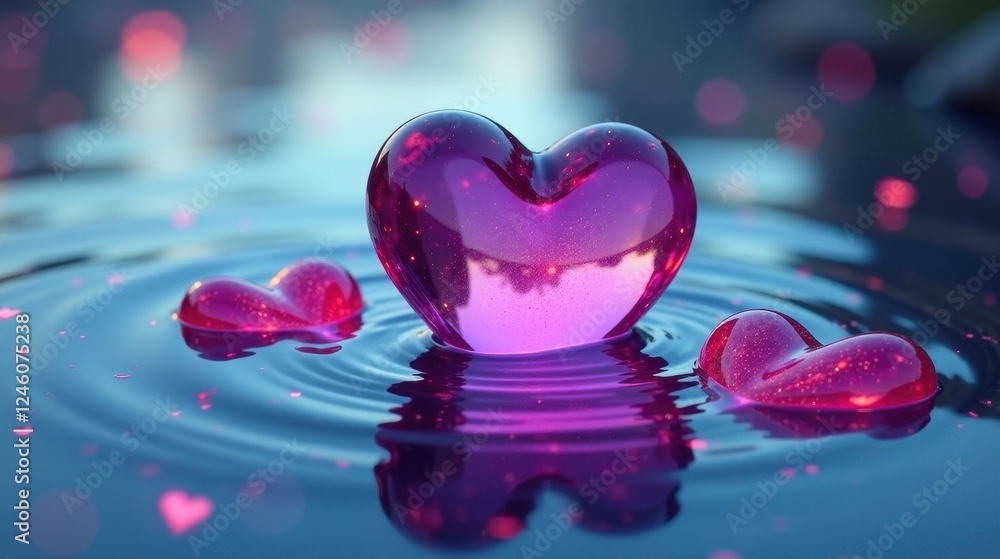 Reflective Hearts Floating on Tranquil Water, a Symbol of Love and Serenity Reflective Hearts Floating on Tranquil Water, a Symbol of Love and Serenity