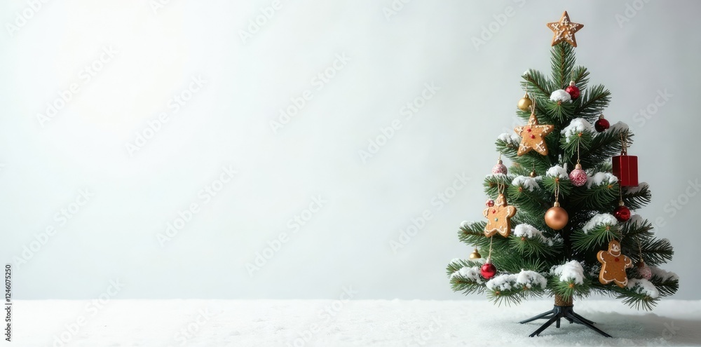 Snowy fir tree decorated with edible gingerbread ornaments on a white background, Fir Tree, Holiday Season, Festive Atmosphere Snowy fir tree decorated with edible gingerbread ornaments on a white background, Fir Tree, Holiday Season, Festive Atmosphere
