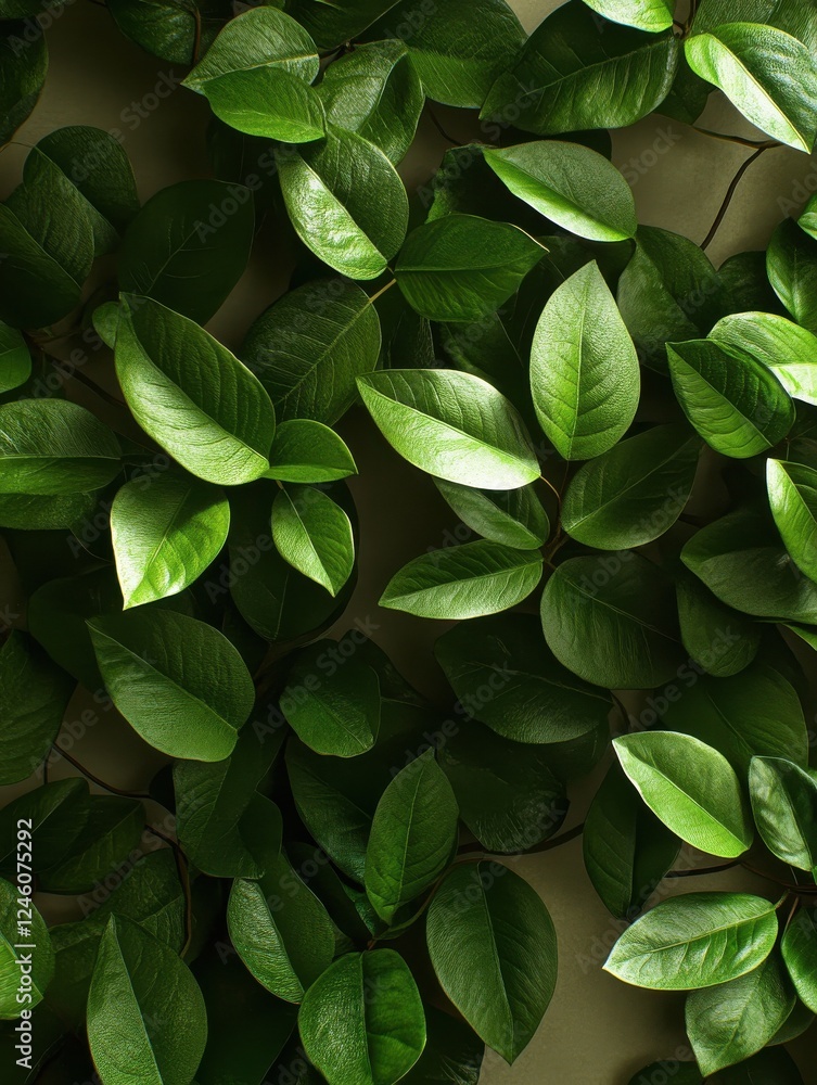Lush green leaves against a neutral backdrop. Vibrant tropical foliage. Lush green leaves against a neutral backdrop. Vibrant tropical foliage.
