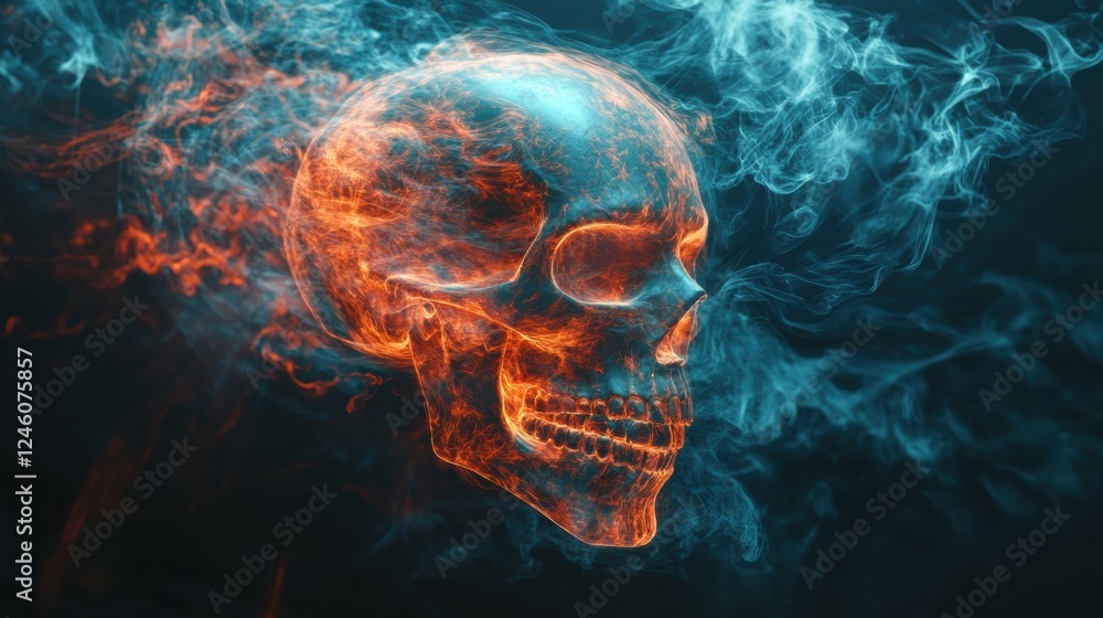 Fiery Skull Surrounded by Smoke in Dark Background Displaying Energy Fiery Skull Surrounded by Smoke in Dark Background Displaying Energy