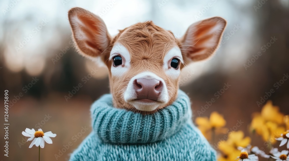 This heartwarming image features a cute calf wearing a cozy sweater, surrounded by vibrant flowers, creating an endearing and whimsical expression of innocence and charm. This heartwarming image features a cute calf wearing a cozy sweater, surrounded by vibrant flowers, creating an endearing and whimsical expression of innocence and charm.