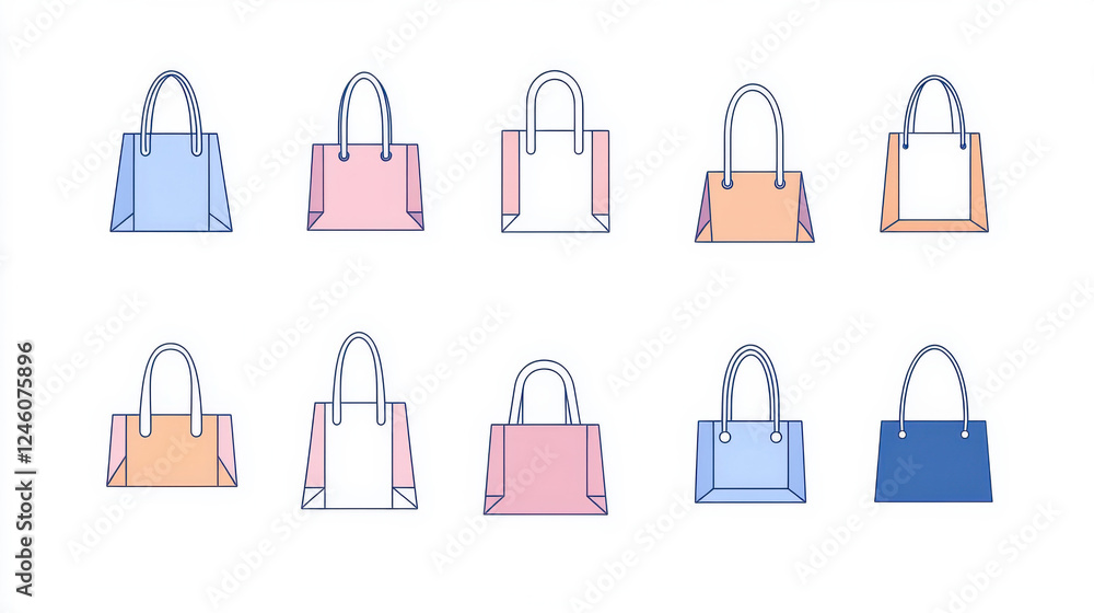 A collection of stylish tote bags in various colors and designs for creative projects. isolated on white background. A collection of stylish tote bags in various colors and designs for creative projects. isolated on white background.