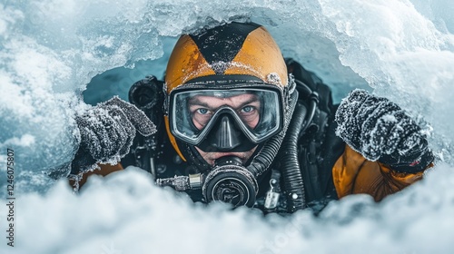 Diver exploring under the ice with specialized gear during an icy adventure in a cold environment